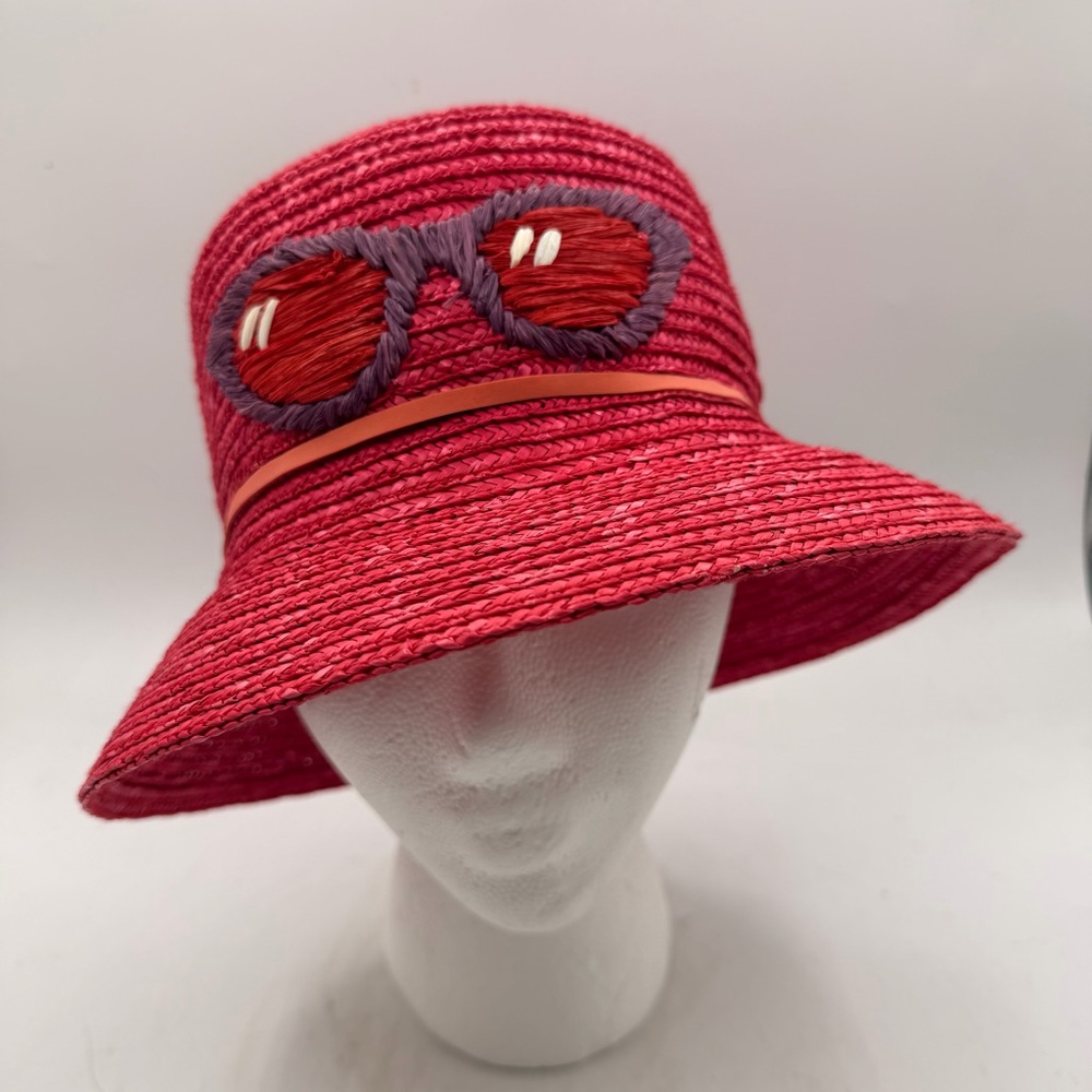 Stylish Red Straw Bucket Hat with Cute Sunglass Embroidery